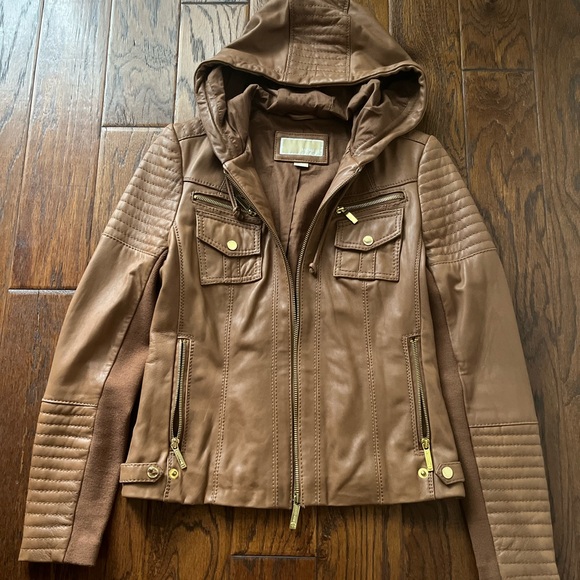 Michael Kors Tan Leather Women Hooded Jacket, Medium in great condition - Picture 1 of 6